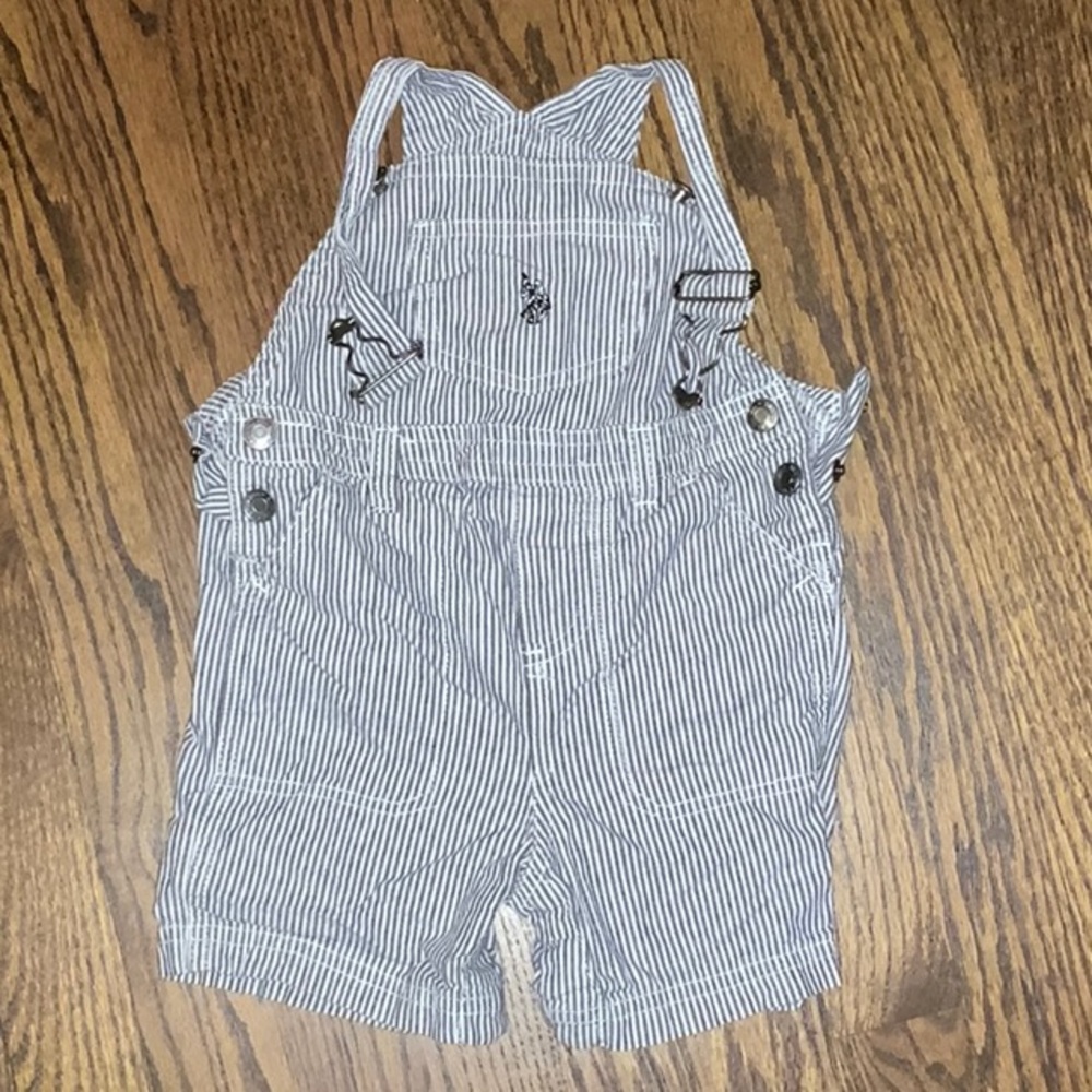 US Polo Association Baby Boy White and Blue Striped Overall Shorts 24 Months